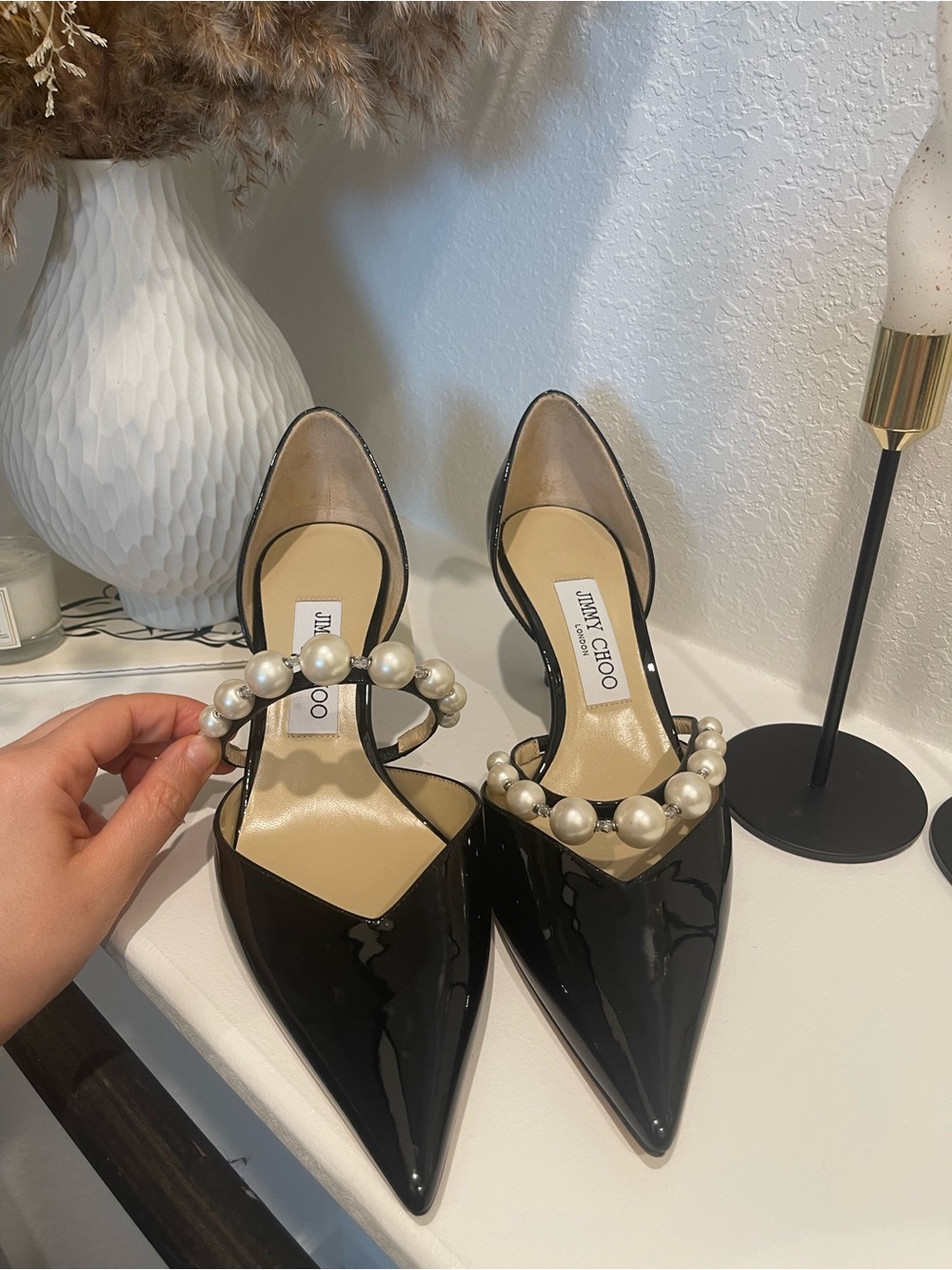 Jimmy Choo Black Patent Leather Pearl-Strap Pointed Slingback Heels - Picture 3 of 11